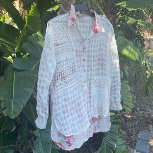 Sheer plaid lace, and floral patchwork button-down shirt